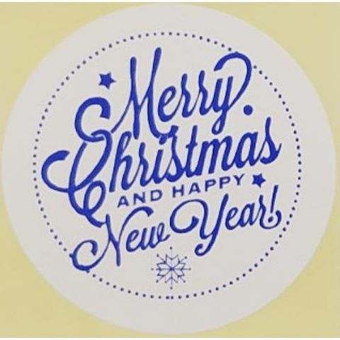 Етикетка біла\синя кругла "Merry Christmas And Happy New Year". Упаковка 50 шт., діаметр 50мм 3791