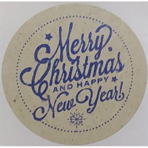 Етикетка крафт\синя кругла "Merry Christmas And Happy New Year". Упаковка 50 шт., діаметр 50мм 3785